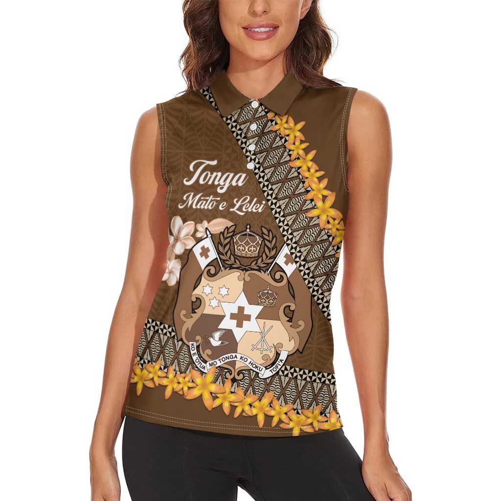 Personalised Tonga Language Week Women Sleeveless Polo Shirt Malo e Lelei Tongan Ngatu Pattern - Brown LT14 - Polynesian Pride
