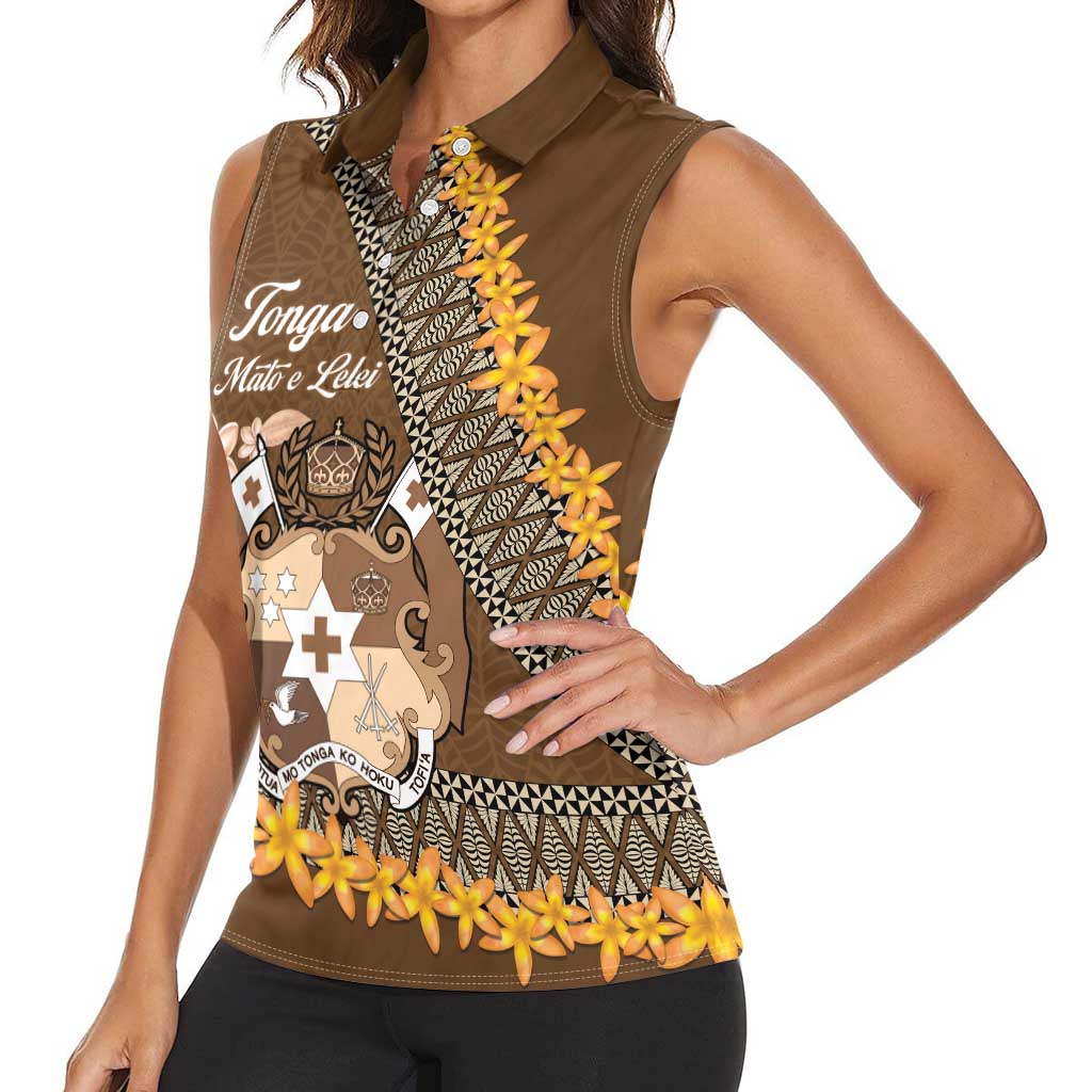 Personalised Tonga Language Week Women Sleeveless Polo Shirt Malo e Lelei Tongan Ngatu Pattern - Brown LT14 - Polynesian Pride