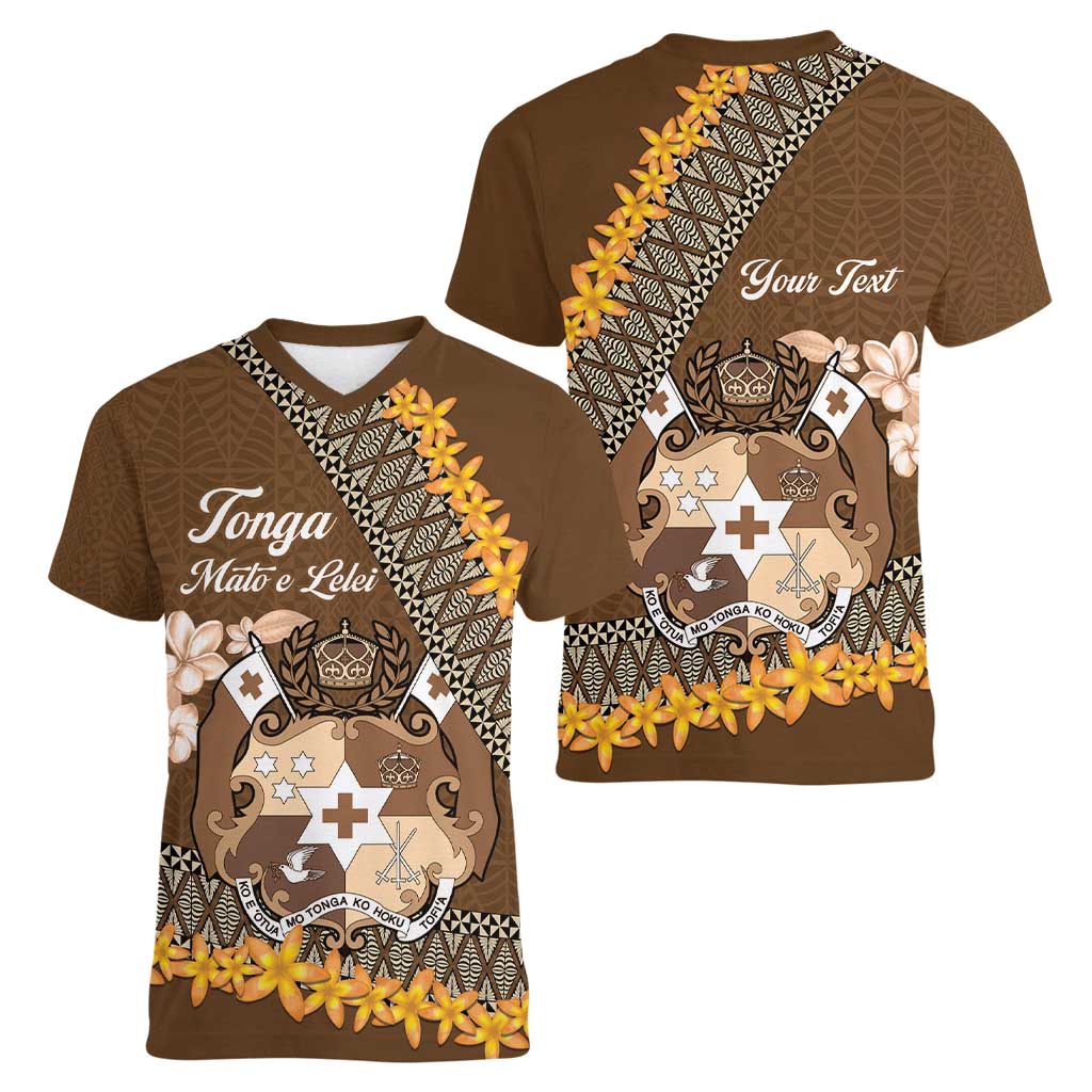 Personalised Tonga Language Week Women V-Neck T-Shirt Malo e Lelei Tongan Ngatu Pattern - Brown LT14 - Polynesian Pride