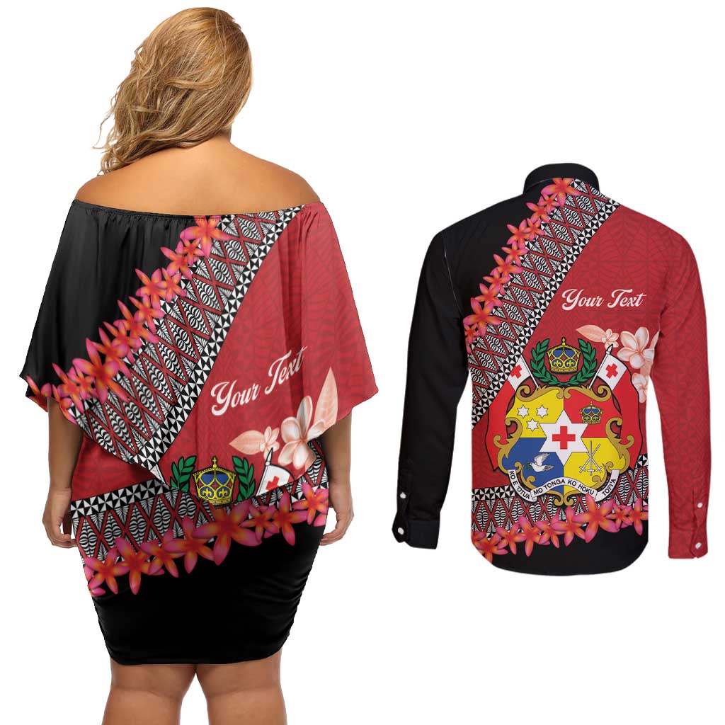 Personalised Tonga Language Week Couples Matching Off Shoulder Short Dress and Long Sleeve Button Shirt Malo e Lelei Tongan Ngatu Pattern - Red