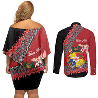 Personalised Tonga Language Week Couples Matching Off Shoulder Short Dress and Long Sleeve Button Shirt Malo e Lelei Tongan Ngatu Pattern - Red