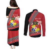 Personalised Tonga Language Week Couples Matching Puletasi and Long Sleeve Button Shirt Malo e Lelei Tongan Ngatu Pattern - Red