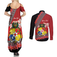 Personalised Tonga Language Week Couples Matching Summer Maxi Dress and Long Sleeve Button Shirt Malo e Lelei Tongan Ngatu Pattern - Red