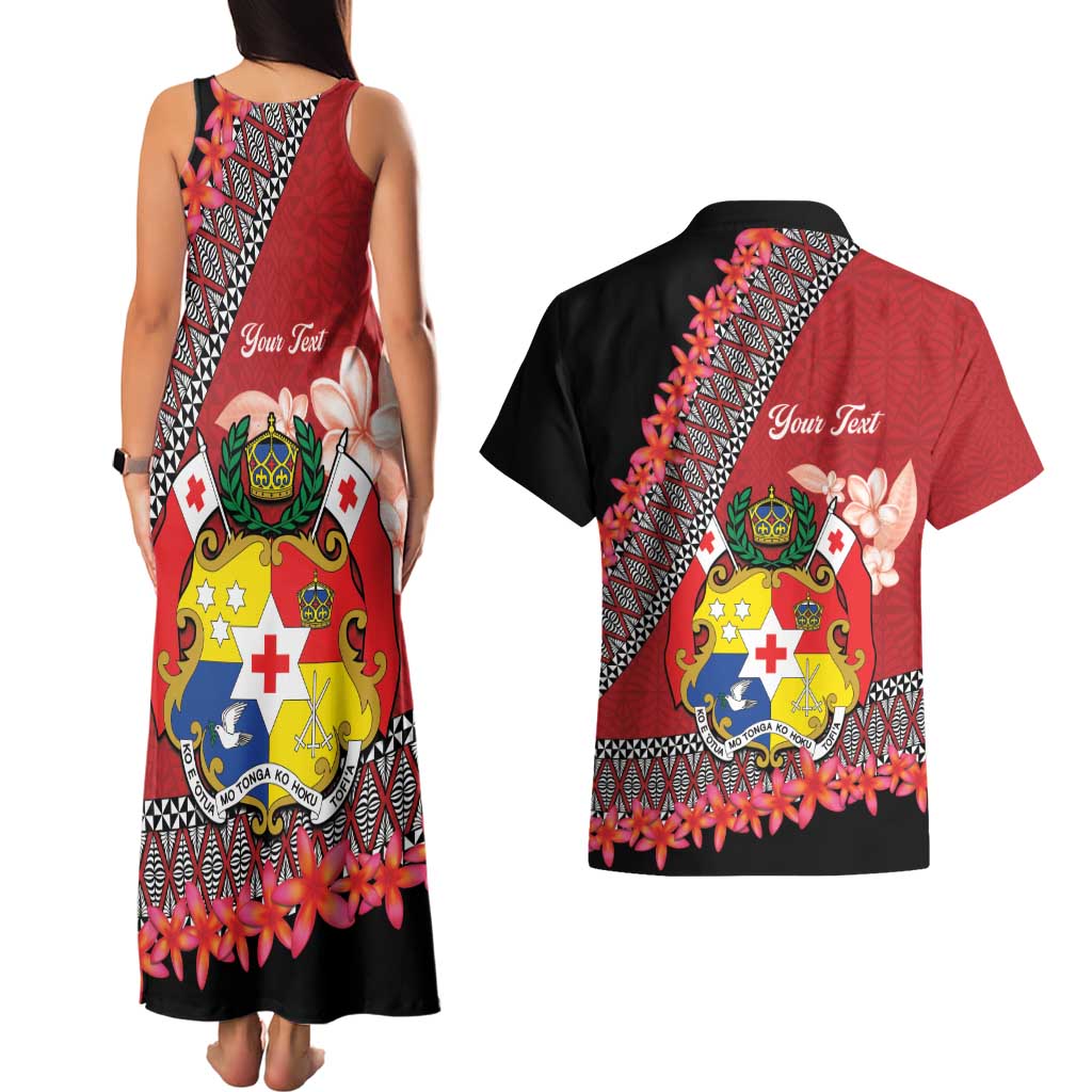 Personalised Tonga Language Week Couples Matching Tank Maxi Dress and Hawaiian Shirt Malo e Lelei Tongan Ngatu Pattern - Red
