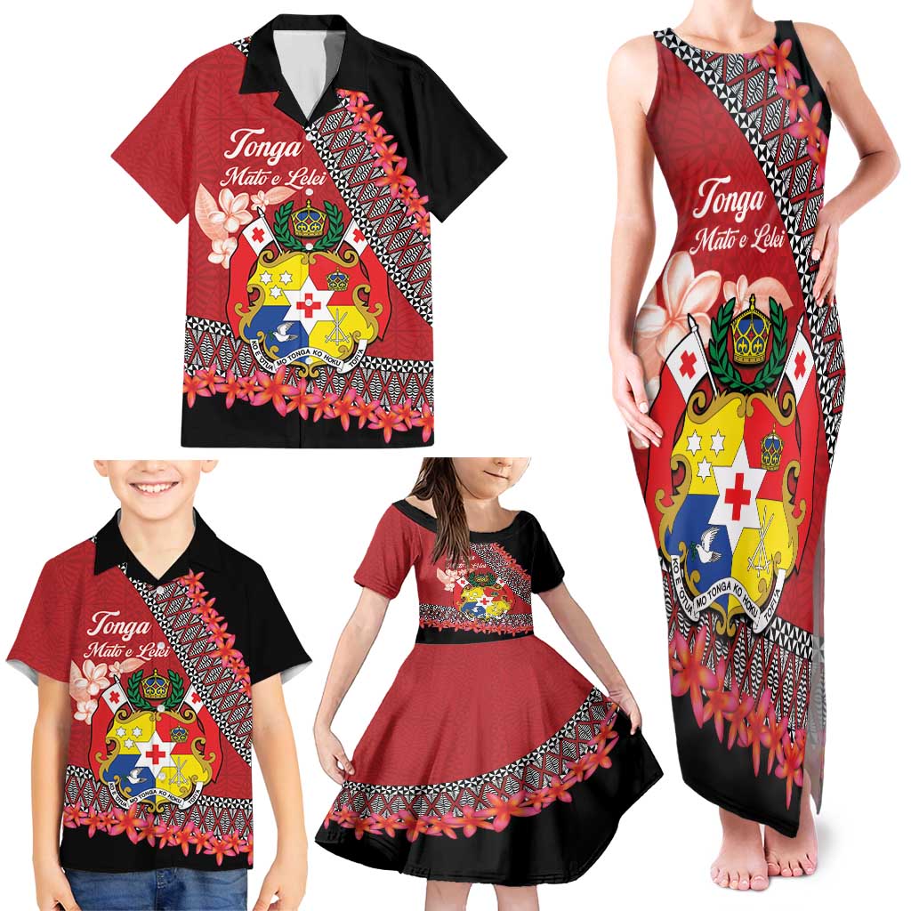 Personalised Tonga Language Week Family Matching Tank Maxi Dress and Hawaiian Shirt Malo e Lelei Tongan Ngatu Pattern - Red LT14 - Polynesian Pride