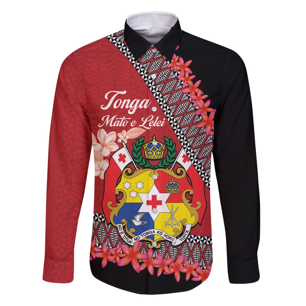 Personalised Tonga Language Week Family Matching Tank Maxi Dress and Hawaiian Shirt Malo e Lelei Tongan Ngatu Pattern - Red LT14 Dad's Shirt - Long Sleeve Red - Polynesian Pride