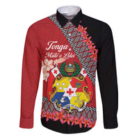 Personalised Tonga Language Week Family Matching Tank Maxi Dress and Hawaiian Shirt Malo e Lelei Tongan Ngatu Pattern - Red LT14 Dad's Shirt - Long Sleeve Red - Polynesian Pride