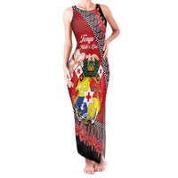 Personalised Tonga Language Week Family Matching Tank Maxi Dress and Hawaiian Shirt Malo e Lelei Tongan Ngatu Pattern - Red LT14 Mom's Dress Red - Polynesian Pride