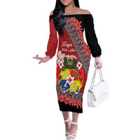 Personalised Tonga Language Week Off The Shoulder Long Sleeve Dress Malo e Lelei Tongan Ngatu Pattern - Red LT14 Women Red - Polynesian Pride