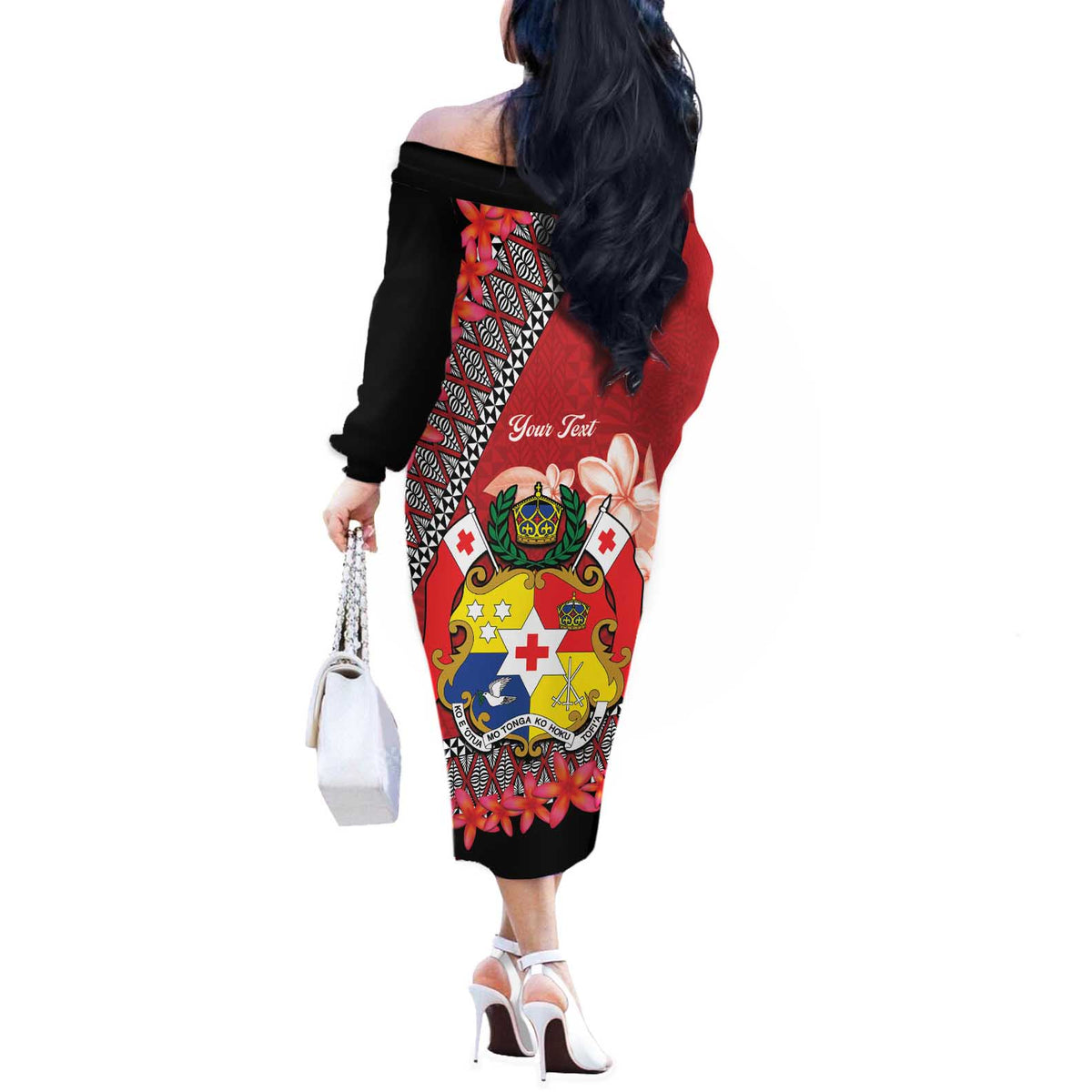 Personalised Tonga Language Week Off The Shoulder Long Sleeve Dress Malo e Lelei Tongan Ngatu Pattern - Red LT14 - Polynesian Pride