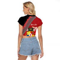 Personalised Tonga Language Week Raglan Cropped T Shirt Malo e Lelei Tongan Ngatu Pattern - Red LT14 - Polynesian Pride