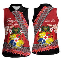 Personalised Tonga Language Week Women Sleeveless Polo Shirt Malo e Lelei Tongan Ngatu Pattern - Red LT14 - Polynesian Pride