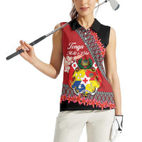 Personalised Tonga Language Week Women Sleeveless Polo Shirt Malo e Lelei Tongan Ngatu Pattern - Red LT14 - Polynesian Pride