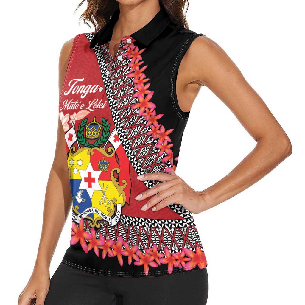 Personalised Tonga Language Week Women Sleeveless Polo Shirt Malo e Lelei Tongan Ngatu Pattern - Red LT14 - Polynesian Pride
