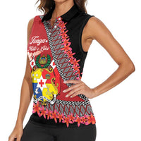 Personalised Tonga Language Week Women Sleeveless Polo Shirt Malo e Lelei Tongan Ngatu Pattern - Red LT14 - Polynesian Pride