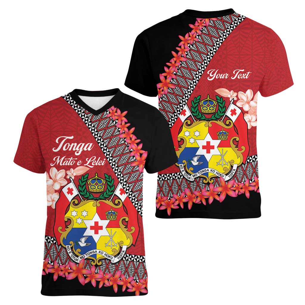 Personalised Tonga Language Week Women V-Neck T-Shirt Malo e Lelei Tongan Ngatu Pattern - Red LT14 - Polynesian Pride