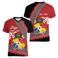 Personalised Tonga Language Week Women V-Neck T-Shirt Malo e Lelei Tongan Ngatu Pattern - Red LT14 - Polynesian Pride