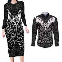 Kia Kaha Te Reo Maori Couples Matching Long Sleeve Bodycon Dress and Long Sleeve Button Shirt Aotearoa Hei Tiki With Hongi