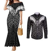 Kia Kaha Te Reo Maori Couples Matching Mermaid Dress and Long Sleeve Button Shirt Aotearoa Hei Tiki With Hongi