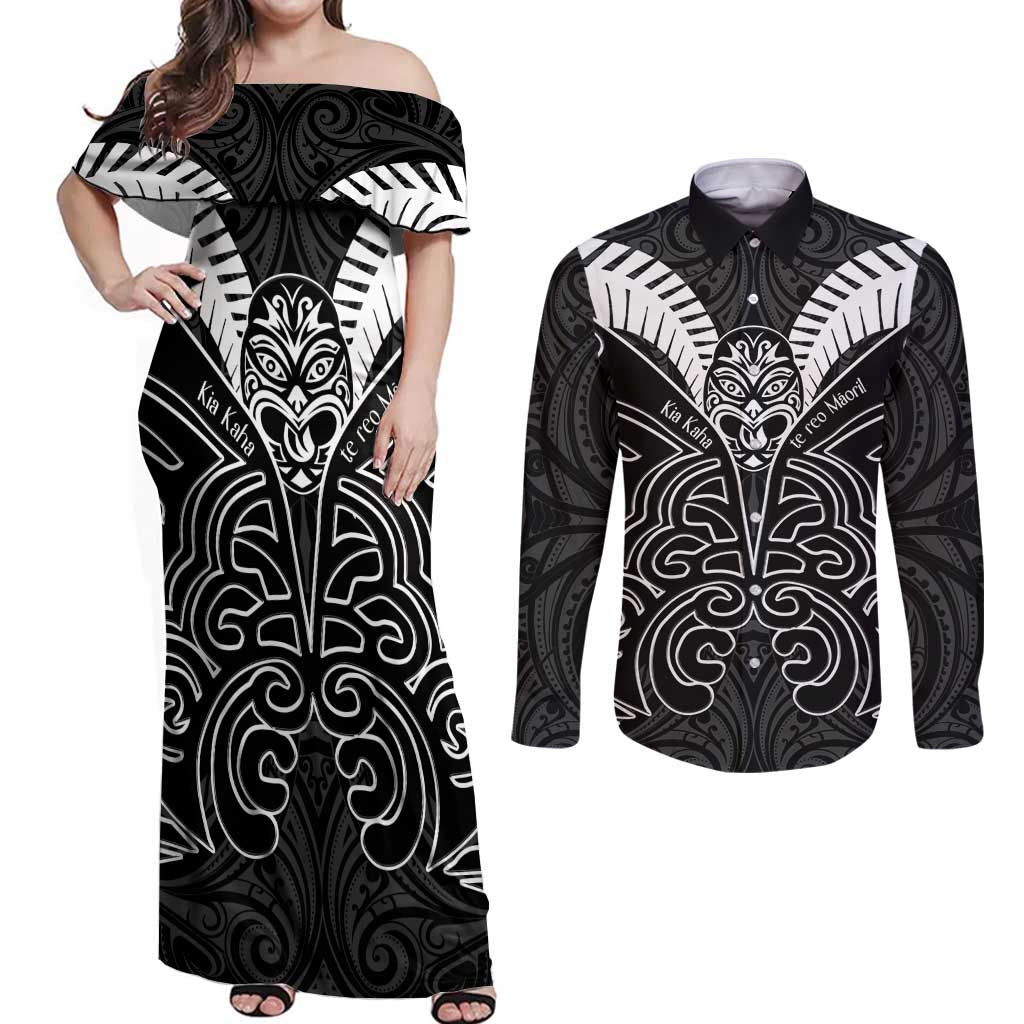 Kia Kaha Te Reo Maori Couples Matching Off Shoulder Maxi Dress and Long Sleeve Button Shirt Aotearoa Hei Tiki With Hongi