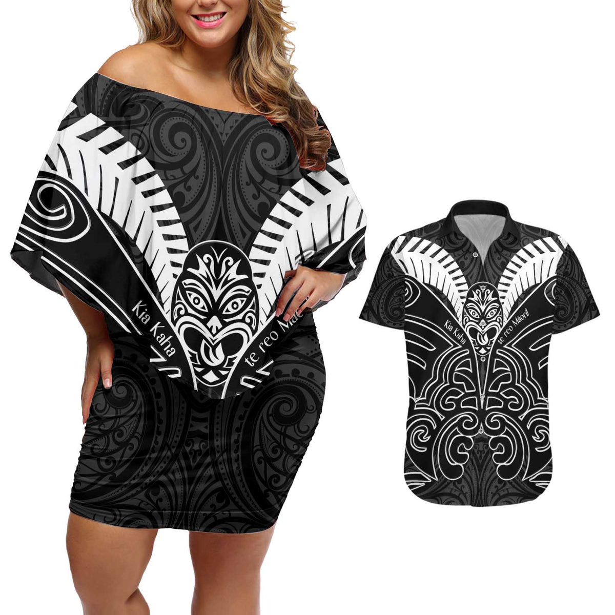 Kia Kaha Te Reo Maori Couples Matching Off Shoulder Short Dress and Hawaiian Shirt Aotearoa Hei Tiki With Hongi