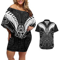 Kia Kaha Te Reo Maori Couples Matching Off Shoulder Short Dress and Hawaiian Shirt Aotearoa Hei Tiki With Hongi