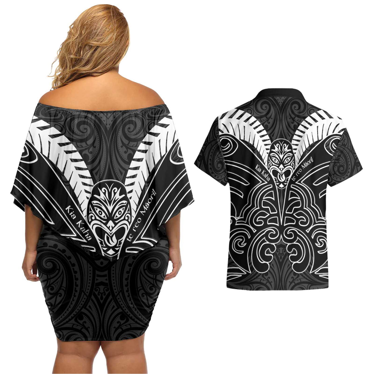 Kia Kaha Te Reo Maori Couples Matching Off Shoulder Short Dress and Hawaiian Shirt Aotearoa Hei Tiki With Hongi