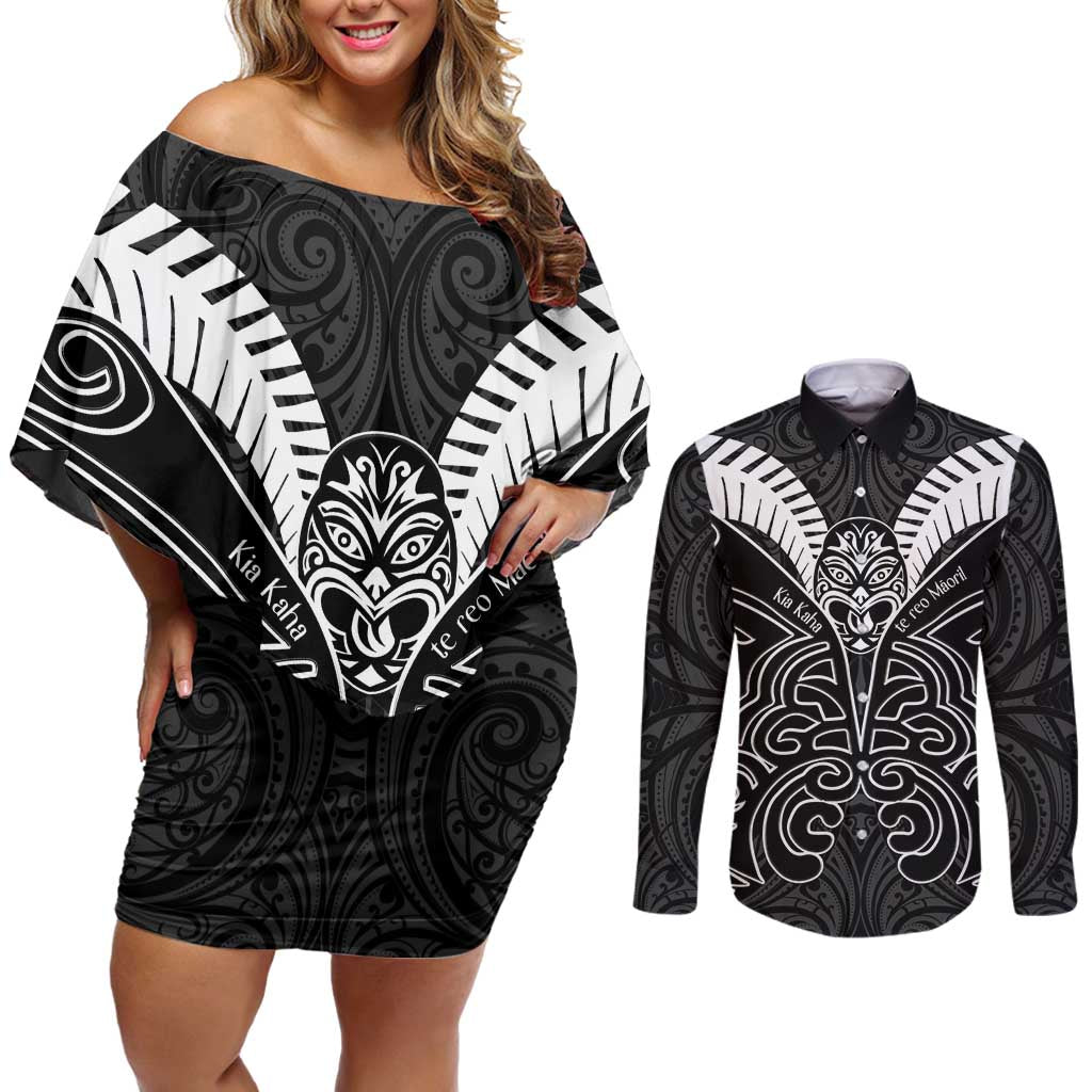 Kia Kaha Te Reo Maori Couples Matching Off Shoulder Short Dress and Long Sleeve Button Shirt Aotearoa Hei Tiki With Hongi
