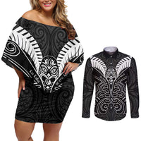 Kia Kaha Te Reo Maori Couples Matching Off Shoulder Short Dress and Long Sleeve Button Shirt Aotearoa Hei Tiki With Hongi