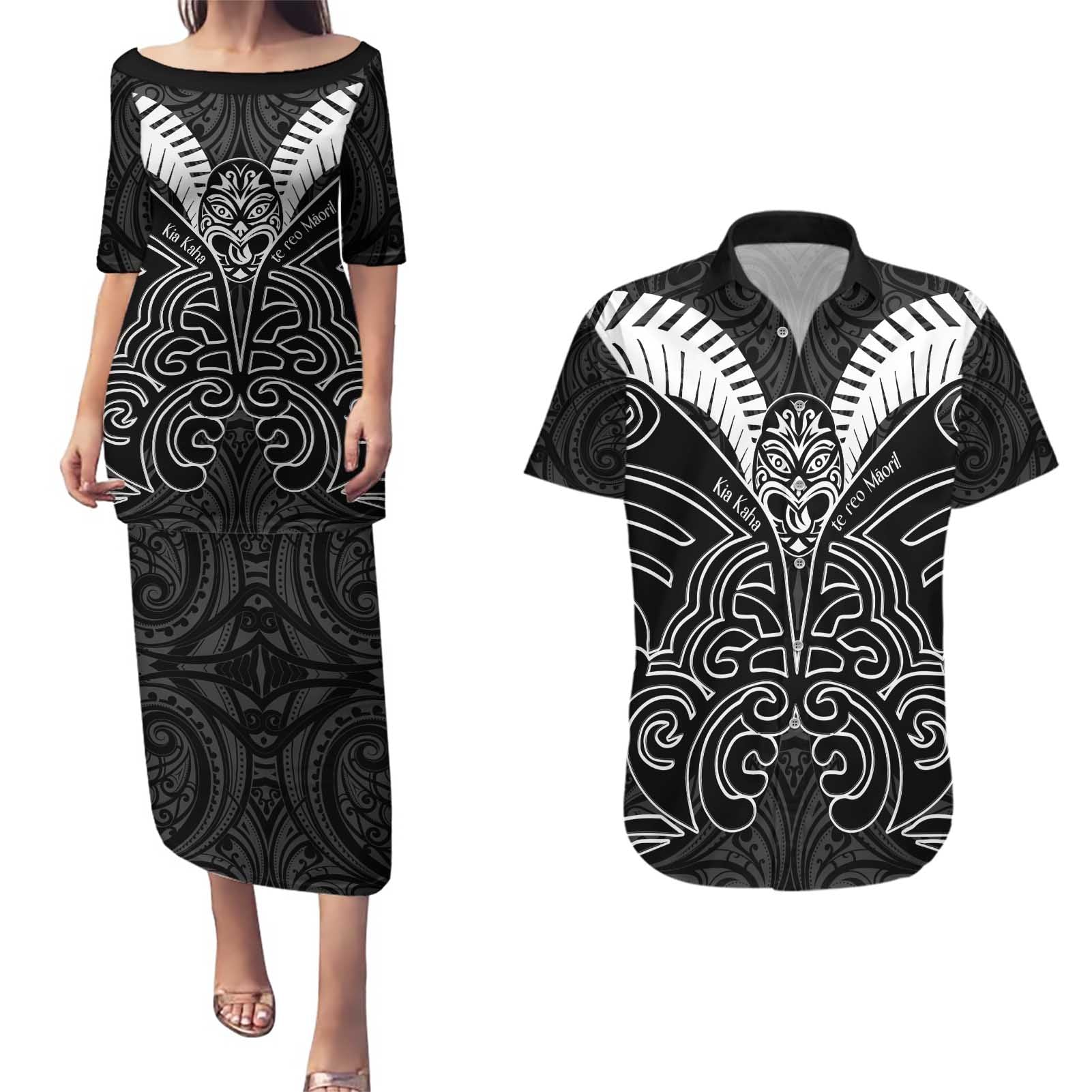 Kia Kaha Te Reo Maori Couples Matching Puletasi and Hawaiian Shirt Aotearoa Hei Tiki With Hongi