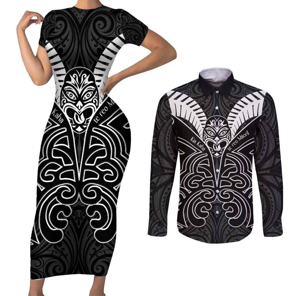 Kia Kaha Te Reo Maori Couples Matching Short Sleeve Bodycon Dress and Long Sleeve Button Shirt Aotearoa Hei Tiki With Hongi