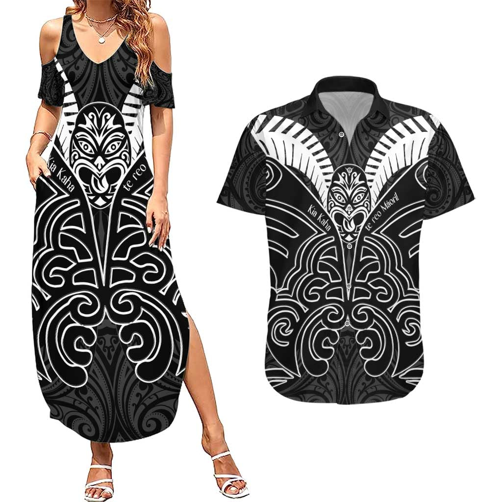 Kia Kaha Te Reo Maori Couples Matching Summer Maxi Dress and Hawaiian Shirt Aotearoa Hei Tiki With Hongi