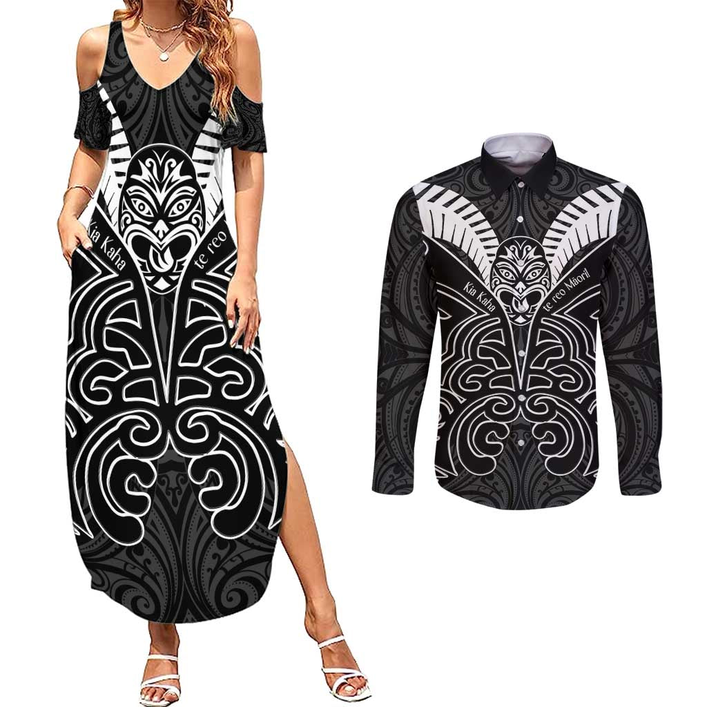 Kia Kaha Te Reo Maori Couples Matching Summer Maxi Dress and Long Sleeve Button Shirt Aotearoa Hei Tiki With Hongi