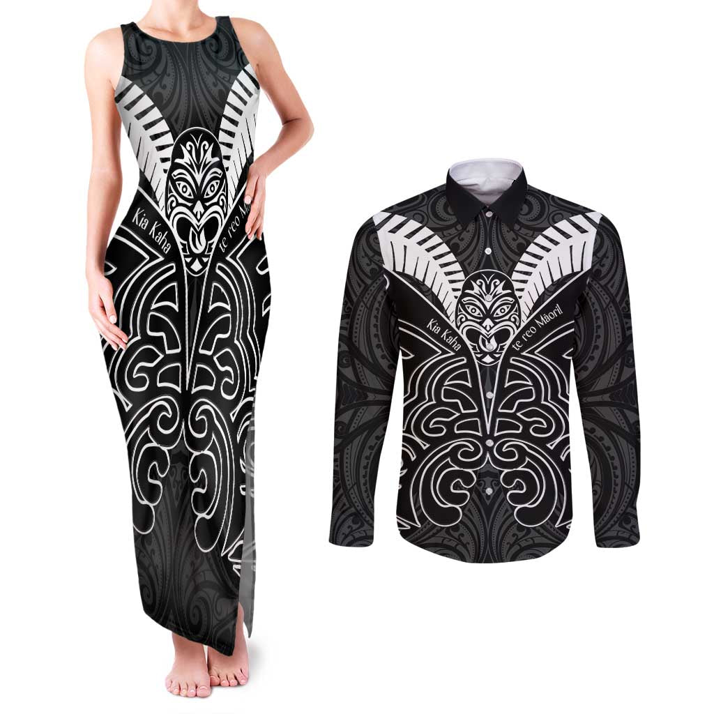Kia Kaha Te Reo Maori Couples Matching Tank Maxi Dress and Long Sleeve Button Shirt Aotearoa Hei Tiki With Hongi