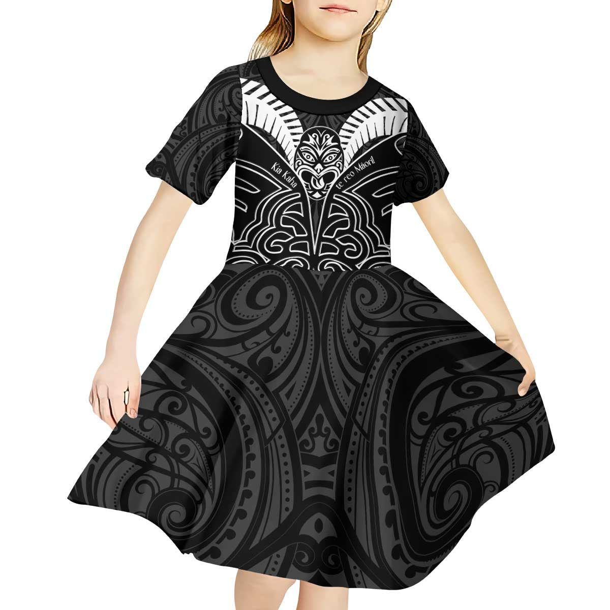 Kia Kaha Te Reo Maori Kid Short Sleeve Dress Aotearoa Hei Tiki With Hongi LT14 - Polynesian Pride