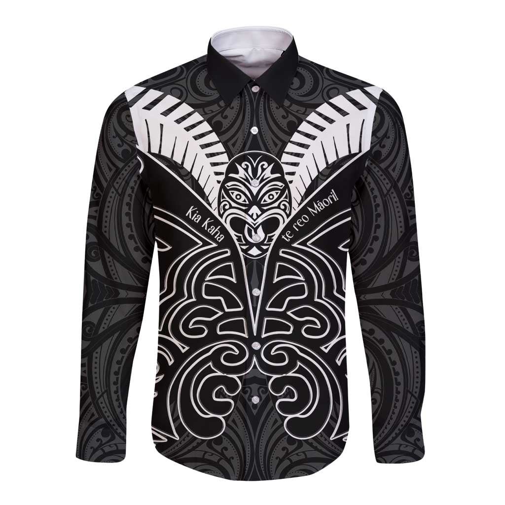 Kia Kaha Te Reo Maori Long Sleeve Button Shirt Aotearoa Hei Tiki With Hongi LT14 Unisex Black - Polynesian Pride