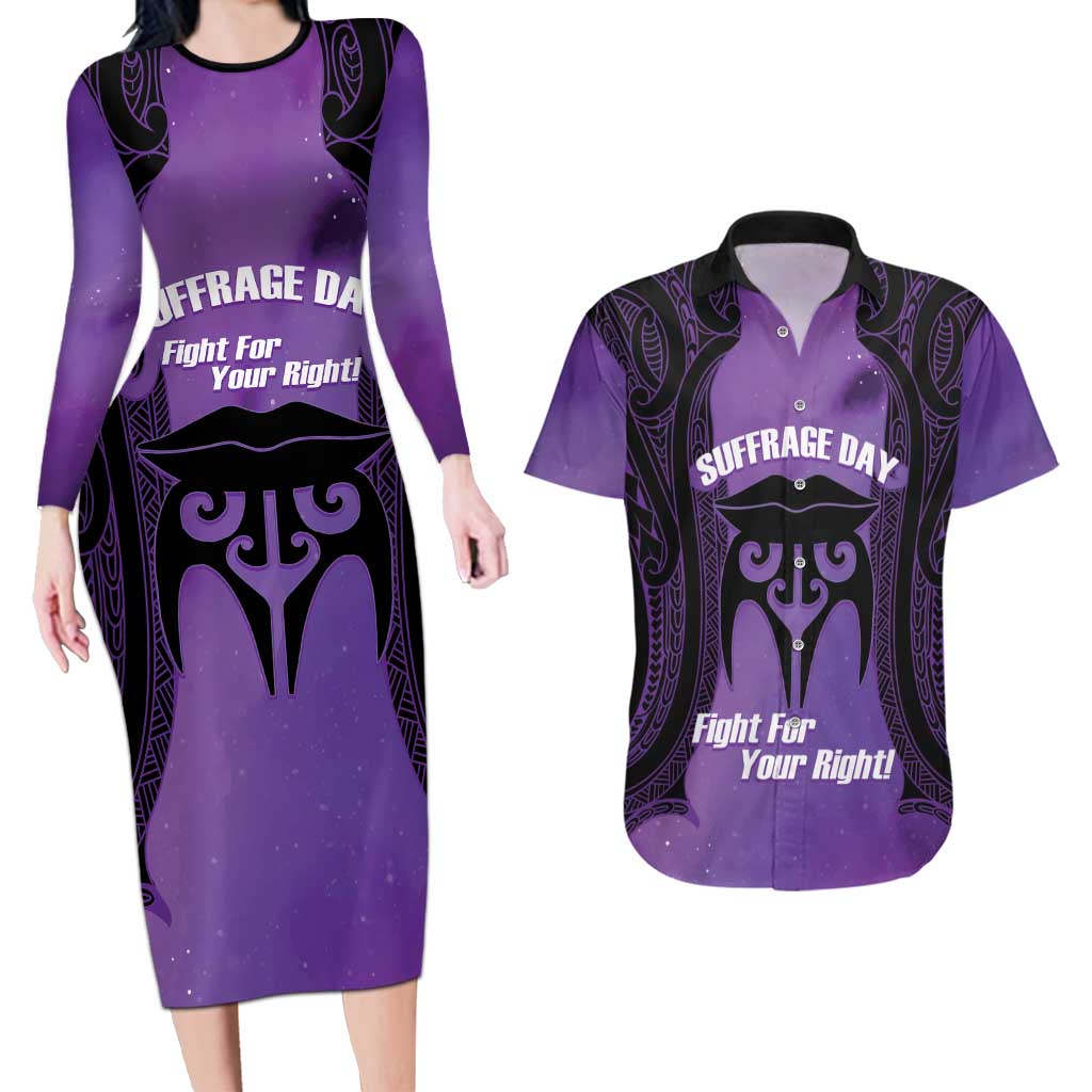 Personalised New Zealand Suffrage Day Couples Matching Long Sleeve Bodycon Dress and Hawaiian Shirt Maori Tattoo Galaxy Vibe - Polynesian Pride