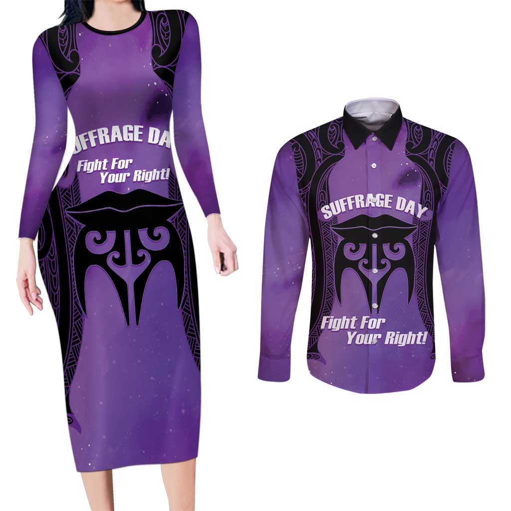 Personalised New Zealand Suffrage Day Couples Matching Long Sleeve Bodycon Dress and Long Sleeve Button Shirt Maori Tattoo Galaxy Vibe - Polynesian Pride
