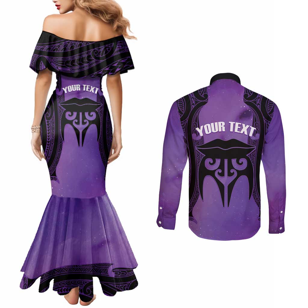 Personalised New Zealand Suffrage Day Couples Matching Mermaid Dress and Long Sleeve Button Shirt Maori Tattoo Galaxy Vibe - Polynesian Pride