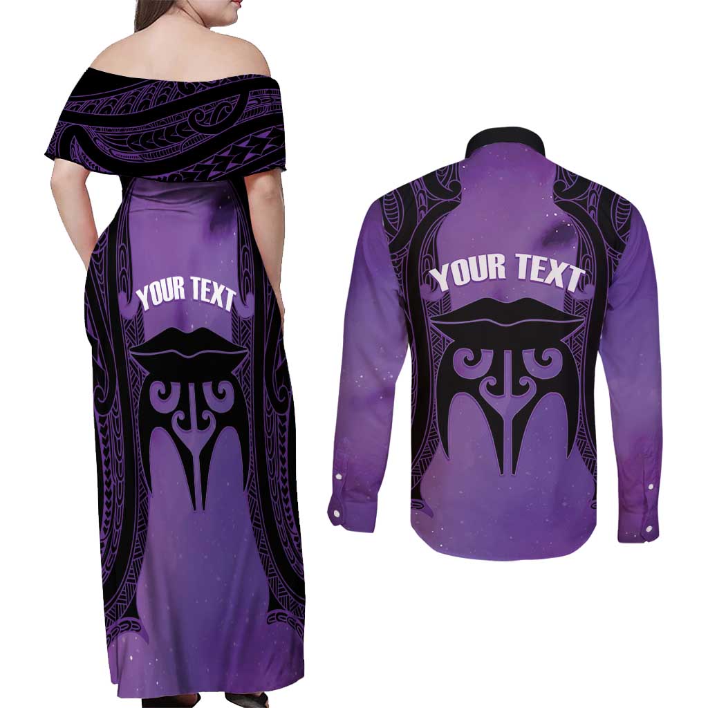 Personalised New Zealand Suffrage Day Couples Matching Off Shoulder Maxi Dress and Long Sleeve Button Shirt Maori Tattoo Galaxy Vibe - Polynesian Pride