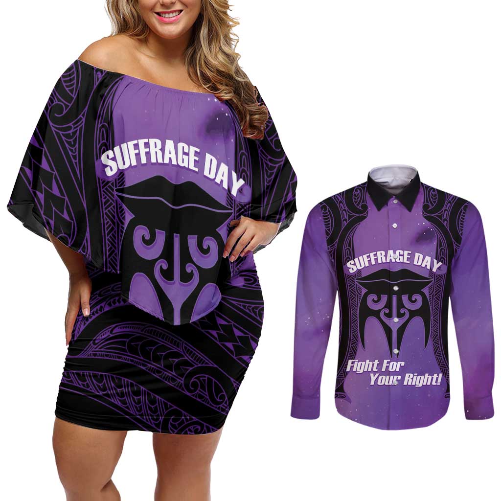 Personalised New Zealand Suffrage Day Couples Matching Off Shoulder Short Dress and Long Sleeve Button Shirt Maori Tattoo Galaxy Vibe - Polynesian Pride