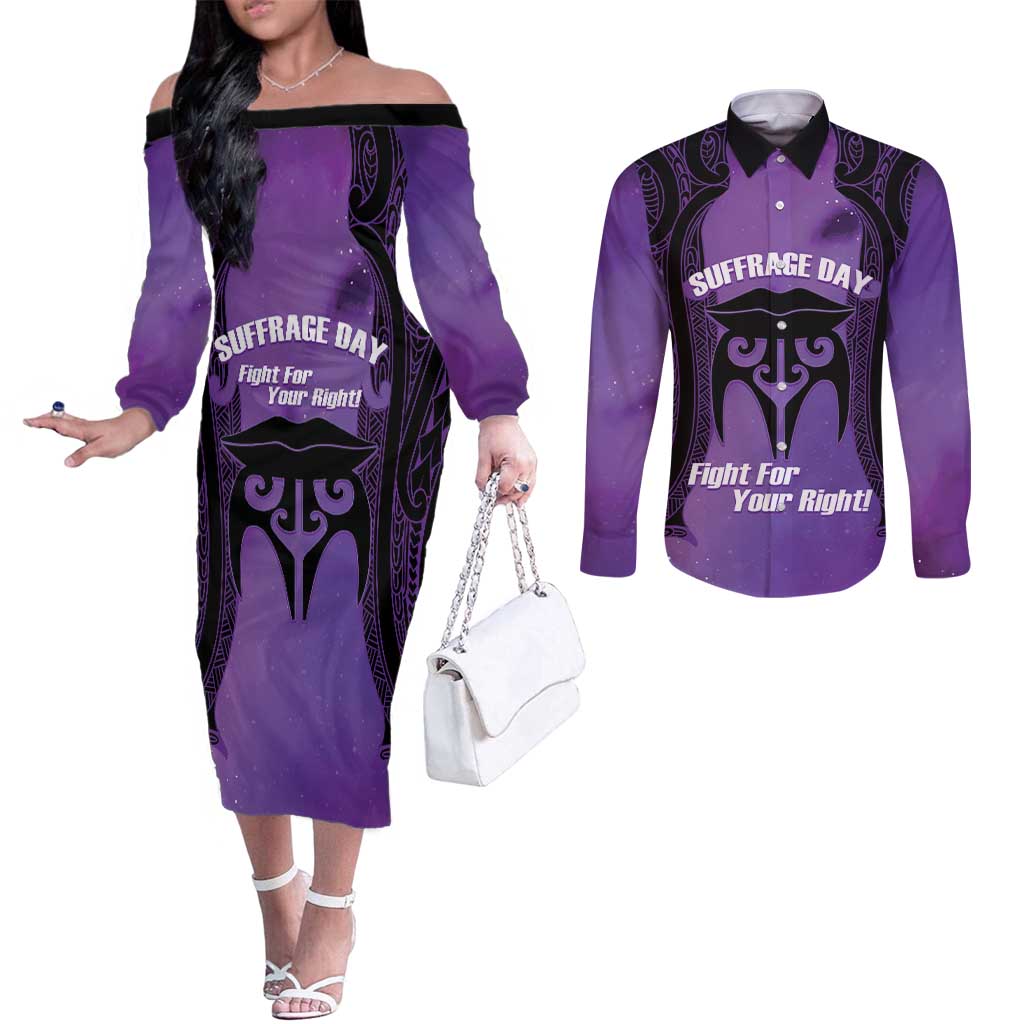 Personalised New Zealand Suffrage Day Couples Matching Off The Shoulder Long Sleeve Dress and Long Sleeve Button Shirt Maori Tattoo Galaxy Vibe - Polynesian Pride