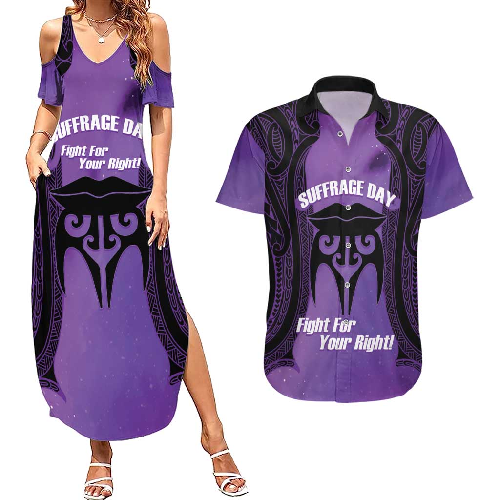 Personalised New Zealand Suffrage Day Couples Matching Summer Maxi Dress and Hawaiian Shirt Maori Tattoo Galaxy Vibe - Polynesian Pride