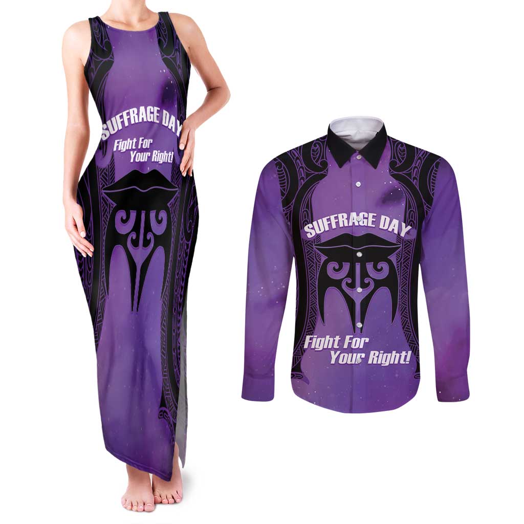 Personalised New Zealand Suffrage Day Couples Matching Tank Maxi Dress and Long Sleeve Button Shirt Maori Tattoo Galaxy Vibe - Polynesian Pride