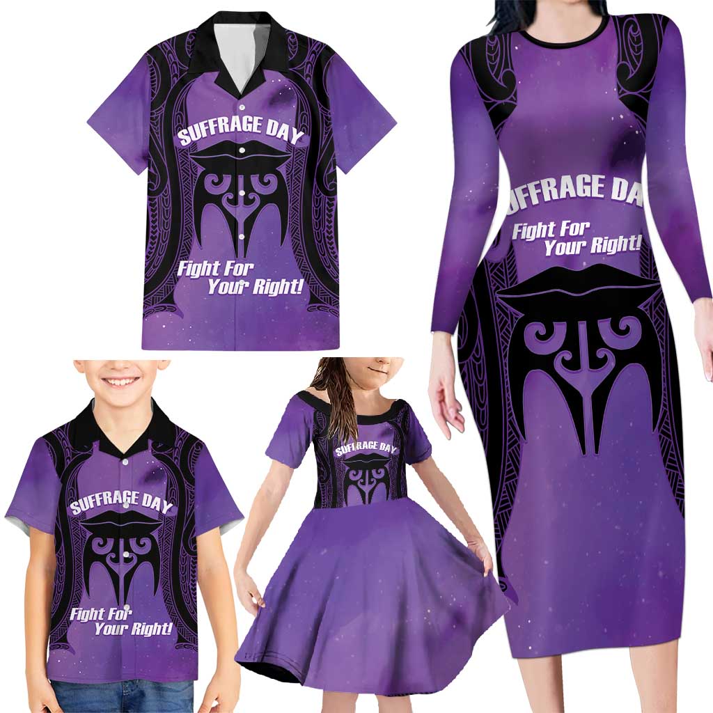 Personalised New Zealand Suffrage Day Family Matching Long Sleeve Bodycon Dress and Hawaiian Shirt Maori Tattoo Galaxy Vibe - Polynesian Pride