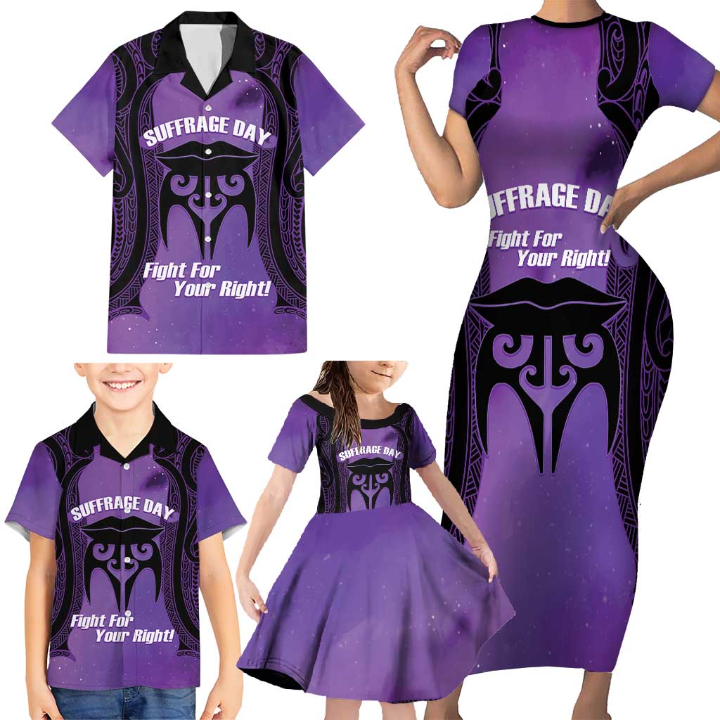 Personalised New Zealand Suffrage Day Family Matching Short Sleeve Bodycon Dress and Hawaiian Shirt Maori Tattoo Galaxy Vibe - Polynesian Pride