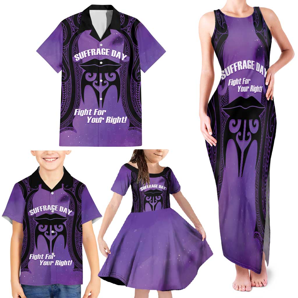Personalised New Zealand Suffrage Day Family Matching Tank Maxi Dress and Hawaiian Shirt Maori Tattoo Galaxy Vibe - Polynesian Pride