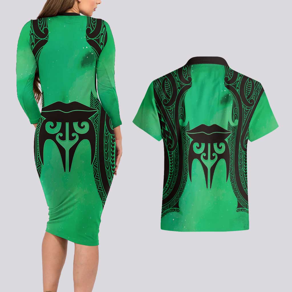 Personalised Moko Kauae New Zealand Couples Matching Long Sleeve Bodycon Dress and Hawaiian Shirt Maori Chin Tattoo Green - Polynesian Pride