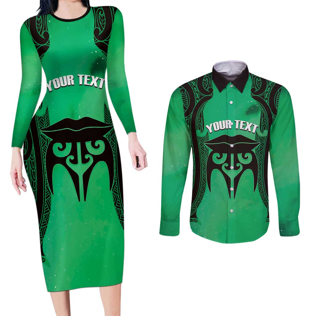 Personalised Moko Kauae New Zealand Couples Matching Long Sleeve Bodycon Dress and Long Sleeve Button Shirt Maori Chin Tattoo Green - Polynesian Pride