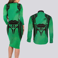 Personalised Moko Kauae New Zealand Couples Matching Long Sleeve Bodycon Dress and Long Sleeve Button Shirt Maori Chin Tattoo Green - Polynesian Pride